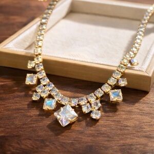 Vintage Aurora Borealis Rhinestone Statement Necklace Gold Tone 1950s